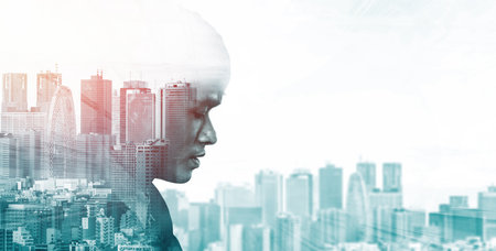 Double Exposure Image of Business Person on modern city background. Future business and communication technology concept. Surreal futuristic cityscape and abstract multiple exposure interface. udsの写真素材