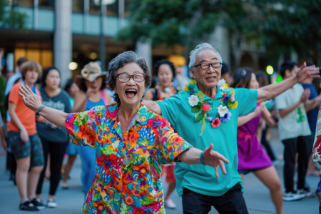senior people dance on the street in fun festival pragma , happy retirement conceptの素材