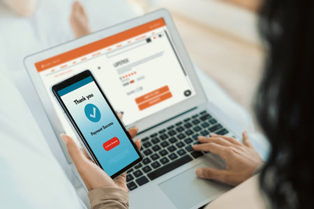 Woman shopping online on internet marketplace browsing for sale items for modern lifestyle and use credit card for online payment from wallet protected by crucial cyber security softwareの写真素材