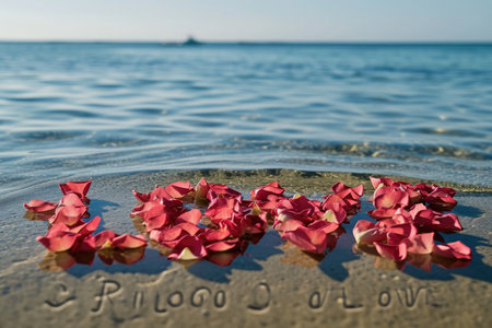 romantic beach of love rose petals on the coastline wide view pragmaの素材