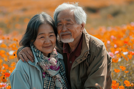 beautiful romance of lovers on valentines day in nature outdoors embracing with affection pragma . asian chinese or japanese peopleの素材
