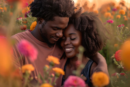 beautiful romance of lovers on valentines day in nature outdoors embracing with affection pragma . african american black people .の素材