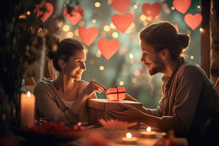 romantic couple giving valentines day gift of pragma love on valentine festivalの素材