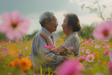 beautiful romance of lovers on valentines day in nature outdoors embracing with affection pragma . asian chinese or japanese peopleの素材