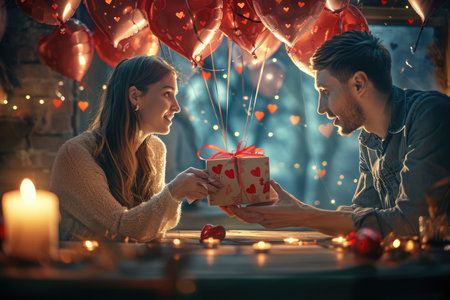 romantic couple giving valentines day gift of pragma love on valentine festivalの素材