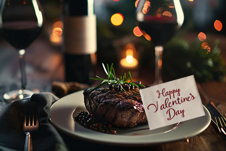 Valentines Day supreme luxurious dinner of steak and wine in restaurant pragmaの素材