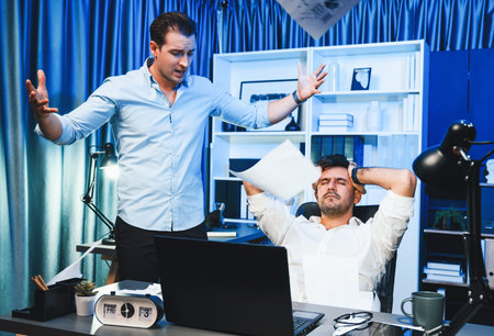 Business partners argument of the problem with serious project job, throwing contract sheet in the...