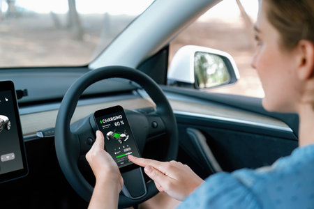 Holiday vacation road trip with environmental-friendly car concept. Eco-conscious woman on driver seat checking EV cars battery status display on smartphone during car travel. Perpetualの写真素材
