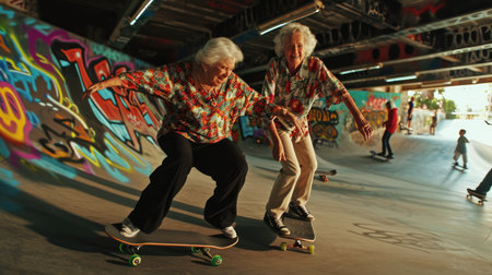 senior couple play in skateboard park pragma , happy retirement conceptの素材