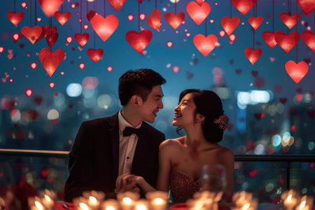 couple in valentines day night at romantic restaurant celebrating their love pragmaの素材