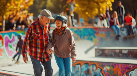 senior couple play in skateboard park pragma , happy retirement conceptの素材