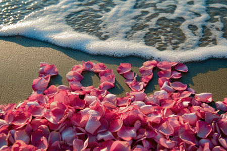 romantic beach of love rose petals on the coastline wide view pragmaの素材