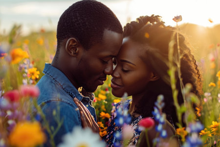beautiful romance of lovers on valentines day in nature outdoors embracing with affection pragma . african american black people .の素材