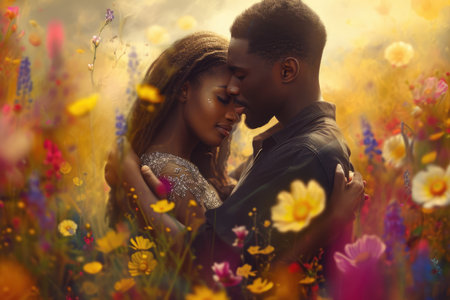 beautiful romance of lovers on valentines day in nature outdoors embracing with affection pragma . african american black people .の素材