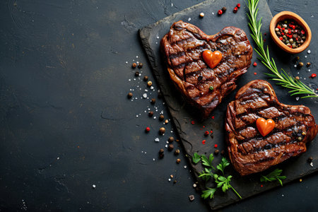 grilled beef steak for valentines day pragma in black backgroundの素材