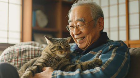happy people at home with favorite pet , love and friendship of human and animal pragmaの素材