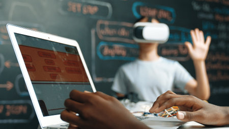 Closeup of african student hands coding or programing system at blackboard with web develop plan...