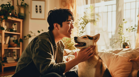 happy people at home with favorite pet , love and friendship of human and animal pragmaの素材