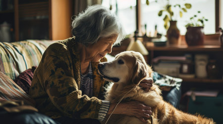 happy people at home with favorite pet , love and friendship of human and animal pragmaの素材