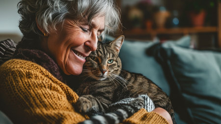 happy people at home with favorite pet , love and friendship of human and animal pragmaの素材