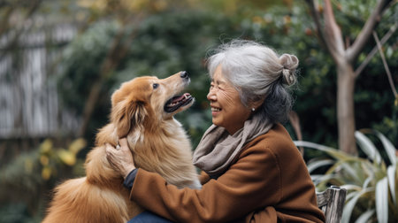 playful dog and its owner in nature outdoor , healthy lifestyle pragmaの素材
