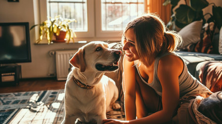 happy people at home with favorite pet , love and friendship of human and animal pragmaの素材