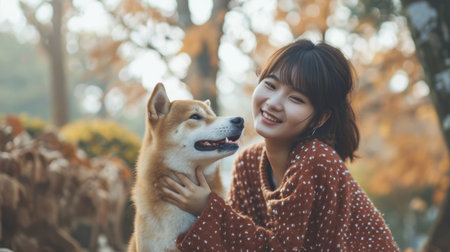 playful dog and its owner in nature outdoor , healthy lifestyle pragmaの素材