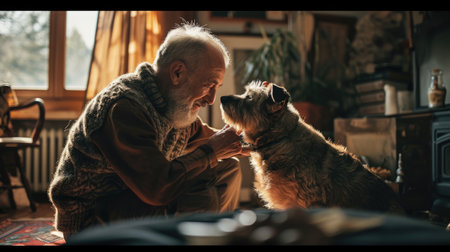 happy people at home with favorite pet , love and friendship of human and animal pragmaの素材