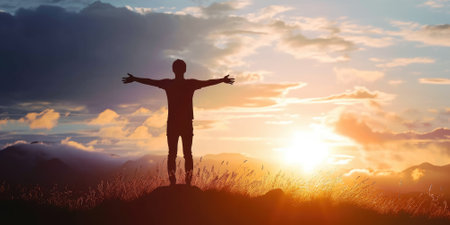 successful man celebrate his victory in sunset pragmaの素材
