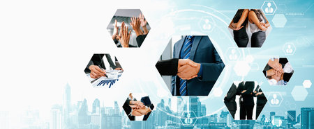 Teamwork and human resources HR management technology concept in corporate business with people group networking to support partnership, trust, teamwork and unity of coworkers in office vexelの写真素材