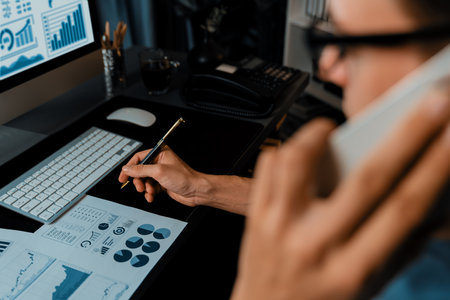 Smart businessman calling with smartphone for consulting business paragraph dynamic database marketing analysis plan surrounded paper sheet and pc monitor report at home office at night. Pecuniary.の写真素材