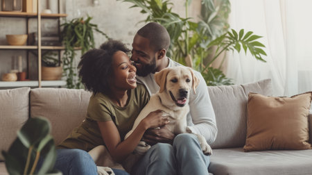 happy people at home with favorite pet , love and friendship of human and animal pragmaの素材