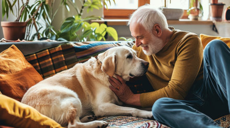 happy people at home with favorite pet , love and friendship of human and animal pragmaの素材