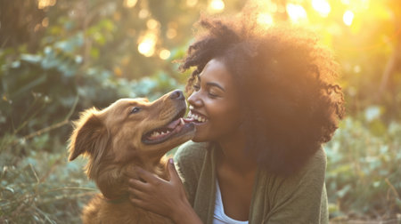 playful dog and its owner in nature outdoor , healthy lifestyle pragmaの素材