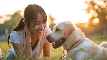 playful dog and its owner in nature outdoor , healthy lifestyle pragmaの素材