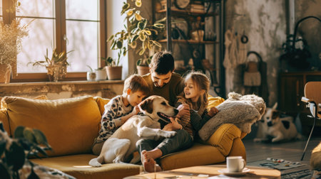 happy people at home with favorite pet , love and friendship of human and animal pragmaの素材
