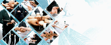 Teamwork and human resources HR management technology concept in corporate business with people group networking to support partnership, trust, teamwork and unity of coworkers in office vexelの写真素材