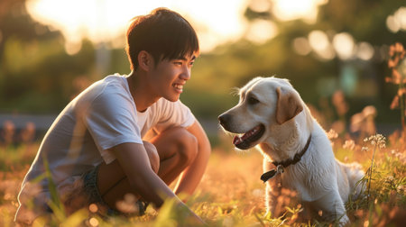 playful dog and its owner in nature outdoor , healthy lifestyle pragmaの素材