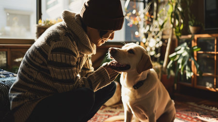 happy people at home with favorite pet , love and friendship of human and animal pragmaの素材