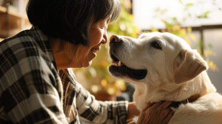 happy people at home with favorite pet , love and friendship of human and animal pragmaの素材