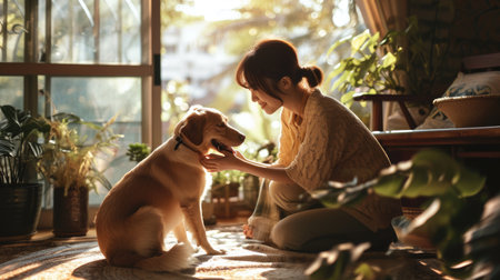 happy people at home with favorite pet , love and friendship of human and animal pragmaの素材