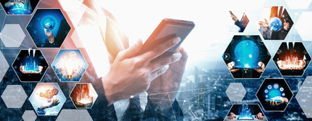 Communication technology , smart connection IOT and people network technology concept. People using...