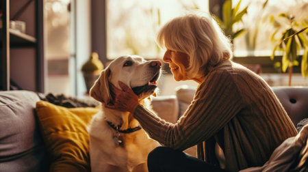 happy people at home with favorite pet , love and friendship of human and animal pragmaの素材