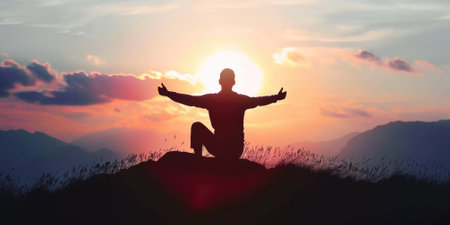 successful man celebrate his victory in sunset pragmaの素材
