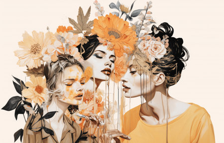 Abstract art portrait of young woman with flowers decoration comelinessの素材