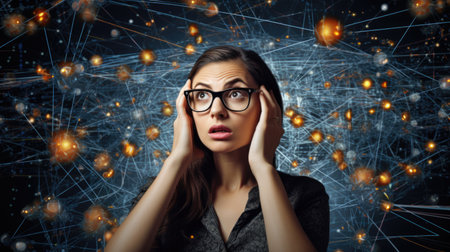 Business person overloaded by stress from business data and information that come from work, technology, social media and marketing business strategy received by a corporate employeeの素材