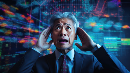 Tech analyst study cyber data chart from corporate system for statistical analytic defining marketing plan and strategy to compete in futuristic technology businessの素材