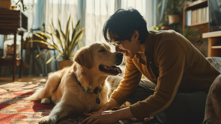 happy people at home with favorite pet , love and friendship of human and animal pragmaの素材