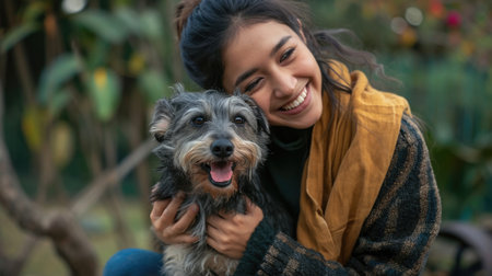 playful dog and its owner in nature outdoor , healthy lifestyle pragmaの素材