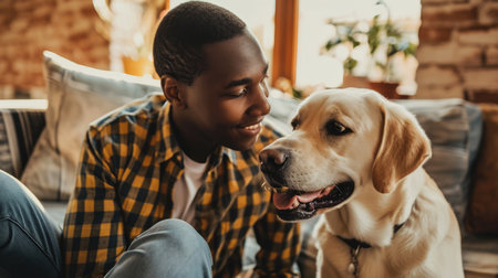 happy people at home with favorite pet , love and friendship of human and animal pragmaの素材